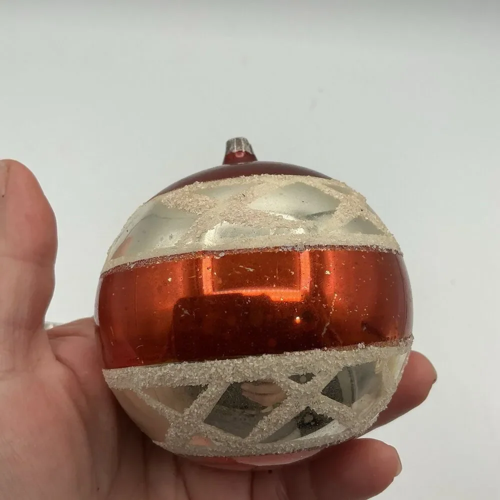 Vintage Mercury Glass Indent Christmas Ornament Red Silver Sugar Glitter AS IS